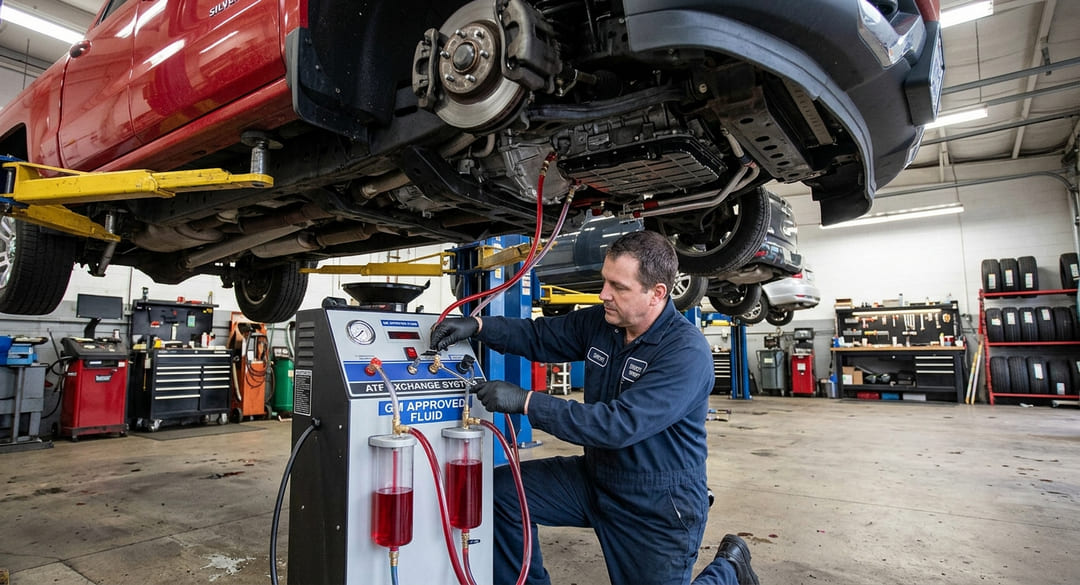Technician running a transmission fluid exchange on a Chevrolet Silverado with the GM 8L90 on a shop lift