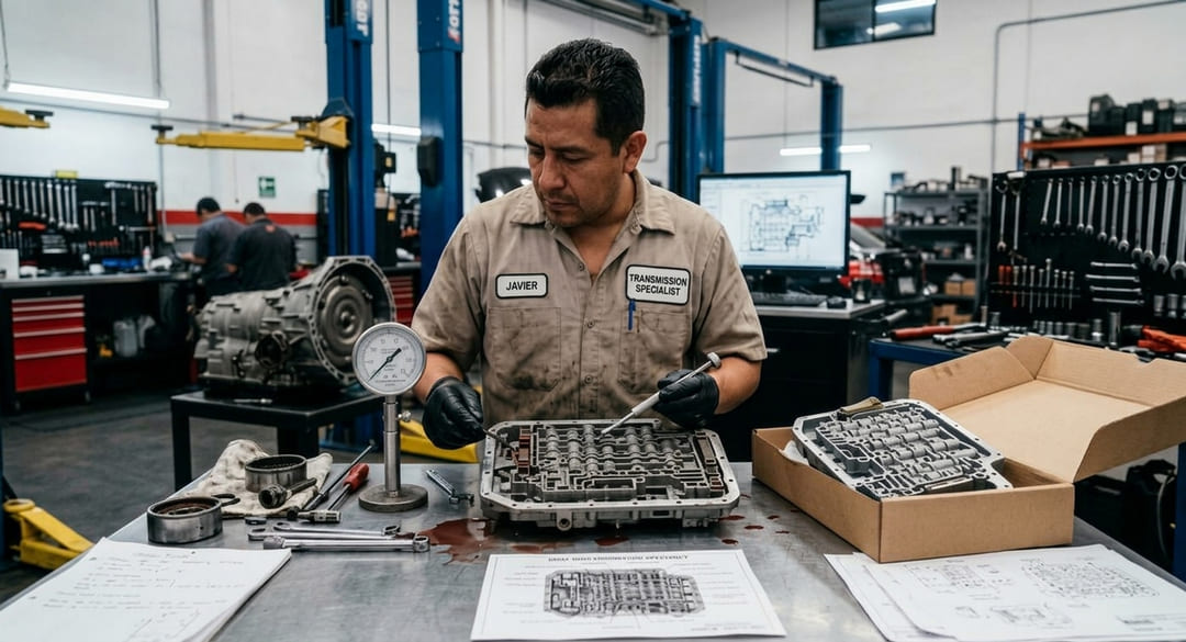 Transmission specialist vacuum testing a valve body on the bench beside a boxed replacement valve body