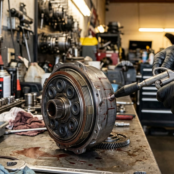 Wet air testing an automatic transmission clutch drum assembly on a workbench