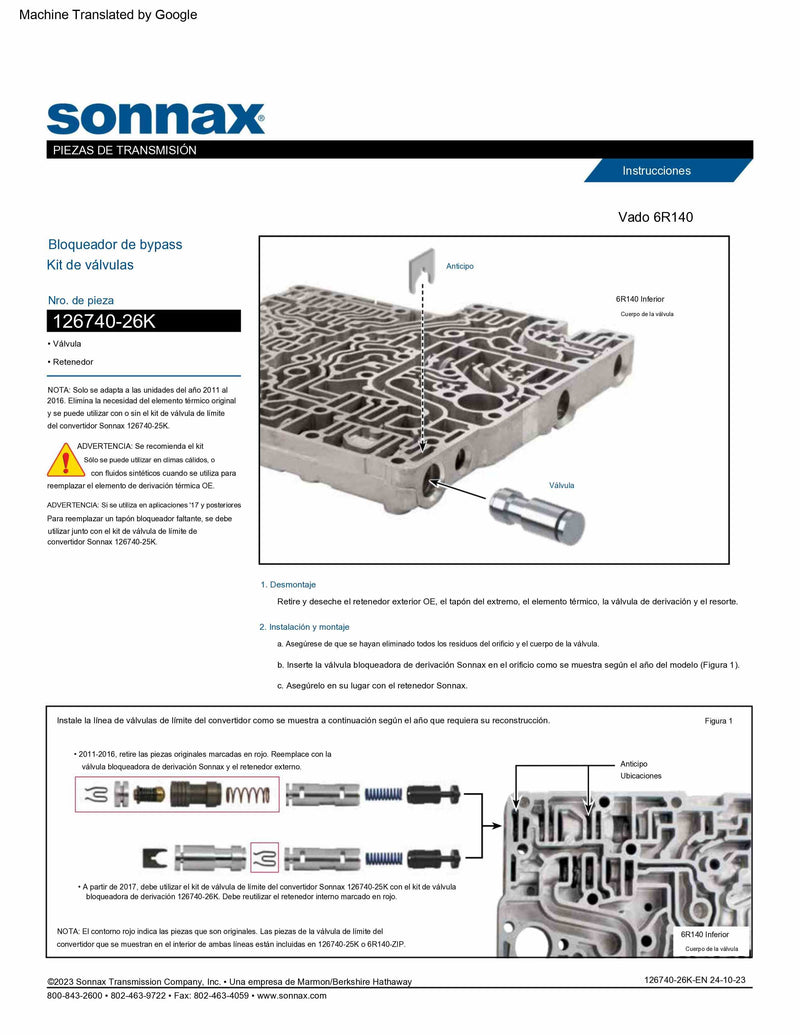 Bypass Blocker Valve Kit Sonnax 6R140 2011/16