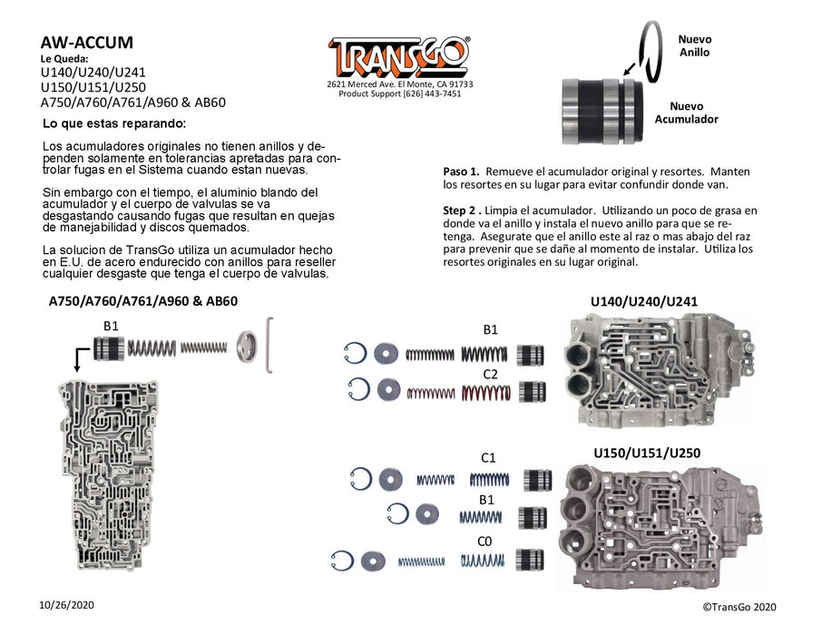 Transgo Accumulador Piston U140 U240 U241 U150 U151 U250 A750 A760 A761 A960 AB60