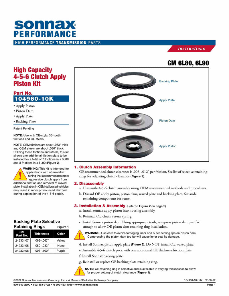 Apply Piston Kit 4th-5th-6th Clutch High Capacity 6L80 6L90 MYC MYD LY6