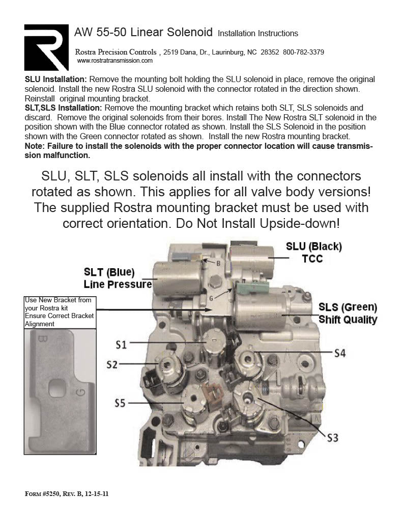 KIT SOLENOID LINEAR (INCLUDES SLU, SLT, SLS AND BRACKET) AW55-50SN, AF33-5, AW55-51SN