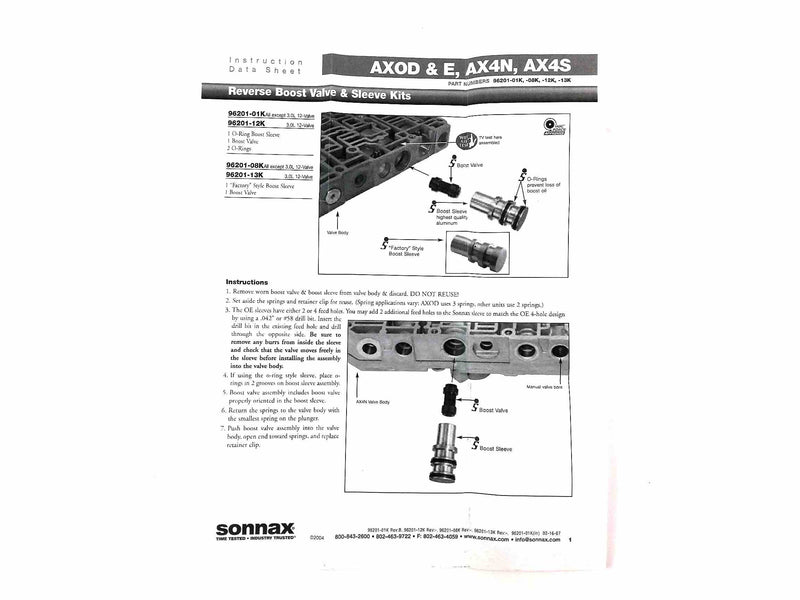 Boost Valve Kit Sonnax (Except 3.0) 4F50N AX4N AX4S AXOD AXODE